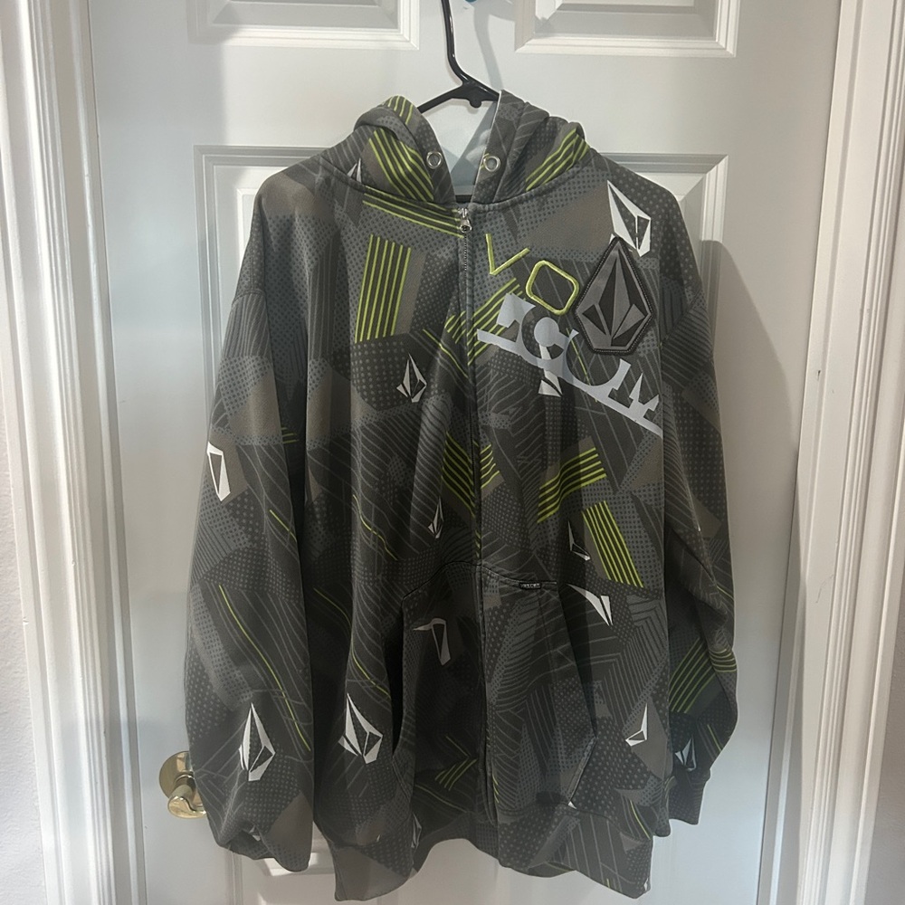 Volcom Gray and Green Zip Up Sweater